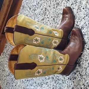 MEXICANA Brown Leather & Yellow Embroidered Western Heeled Boots
